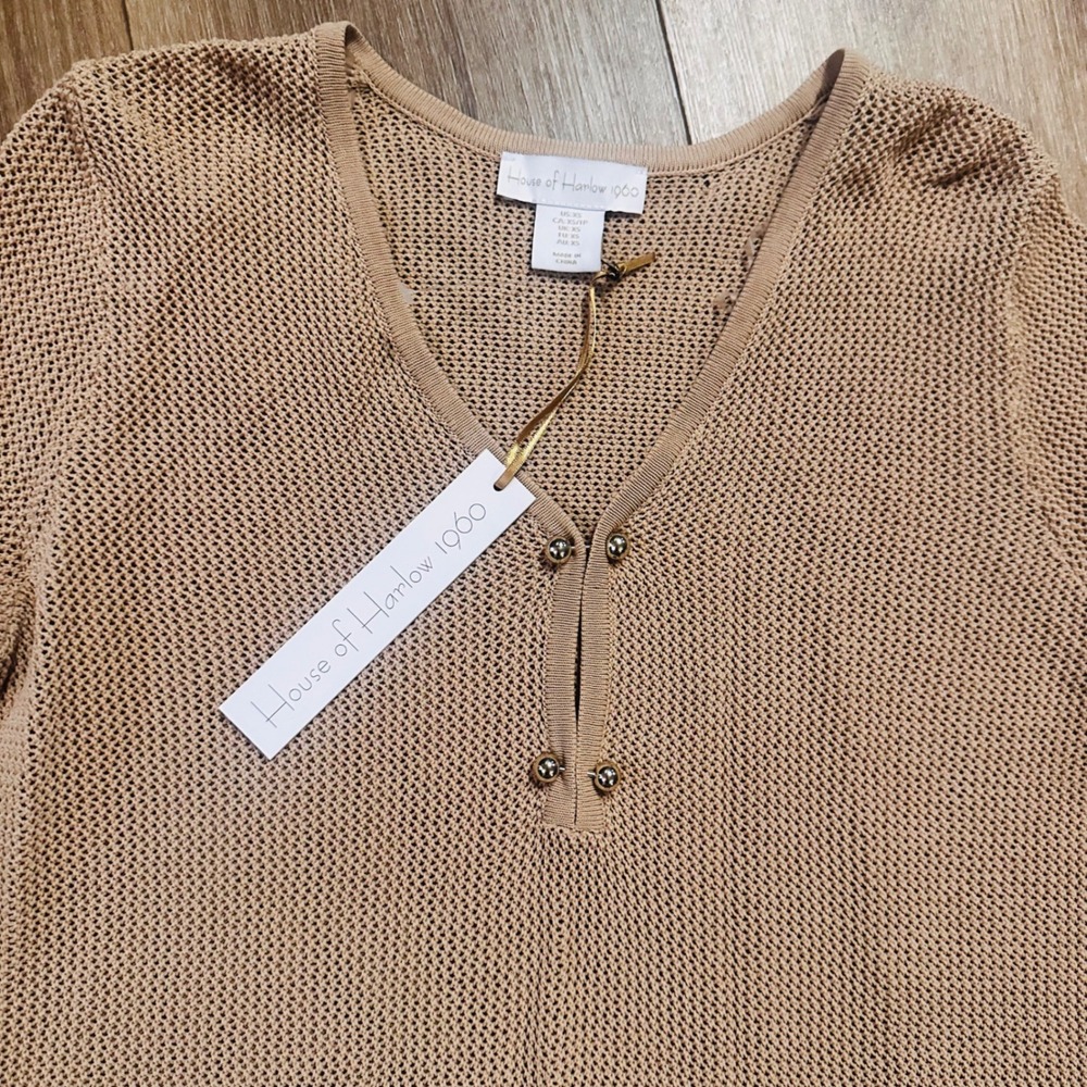House of Harlow 1960 Tan Open Knit V-Neck Bell Sleeve Sweater Top NWT XS - Picture 2 of 8